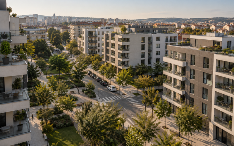 Aerial view of a leafy residential neighbourhood with modern apartment buildings, tree-lined streets and a city skyline in the distance.