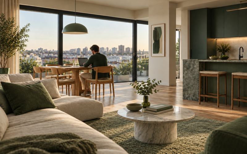 Modern open-plan living room and kitchen with green accents, large windows overlooking a city skyline, and a person working at a dining table.