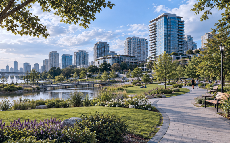 Landscaped urban park with a winding pathway, pond, mature trees and flower beds, with a modern city skyline in the background.